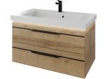 Waschtisch SAPHIR "Serie Balto Mineralmarmor-Waschtisch mit Unterschrank, 92 cm breit", braun (riviera eiche quer nachbildung, schwarzer einlage, riviera eiche quer nachbildung), B:92cm H:55,6cm T:50,8cm, Waschtische, Waschtisch, Waschplatz mit 2 Schubladen, Badschrank in verschiedenen Ausführungen