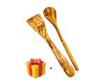 Kochlöffel OLIVENHOLZ-ERLEBEN "2tlg. Kochlöffel-Set (Kochlöffel rund, Pfannenwender ohne Löcher)", braun, L: 30cm, Massivholz, Kochlöffel, Kochlöffel, Kochbesteck aus Olivenholz ist hitzebeständig und schonend zu Pfannen