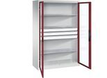C+P Sichtfenster-Flügeltürschrank, HxBxT 1950 x 1200 x 500 mm, 3 Fachböden, 3 Schubladen, lichtgrau / rubinrot