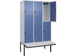 C+P Doppelstock-Spind Classic PLUS Sitzbank, 3 Abteile, lichtgrau / fernblau, B 1200 mm, Sicherheits-Drehriegel, auskragend, Kunststoff