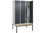 C+P Schwarz-Weiß-Spind Classic PLUS Sitzbank, schmal, 3 Abteile, Trennwand verkürzt, lichtgrau / grau, B 1200 mm, Sicherheits-Drehriegel, untergebaut, Buche-Hartholz