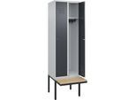 C+P Spind Classic PLUS Sitzbank, 2 Abteile, lichtgrau / grau, B 600 mm, Zylinderschloss, auskragend, Buche-Hartholz