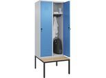 C+P Spind Classic PLUS Sitzbank, 2 Abteile, lichtgrau / lichtblau, B 800 mm, Sicherheits-Drehriegel, untergebaut, Buche-Hartholz
