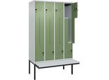 C+P Z-Spind Classic PLUS Sitzbank, 4 Abteile, lichtgrau / resedagrün, B 1200 mm, Sicherheits-Drehriegel, auskragend, Kunststoff