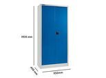 Schäfer Shop Pure Materialschrank, 4 Fachböden, abschliessbar, B 950 x T 400 x H 1935 mm, Stahl, lichtgrau RAL 7035/enzianblau RAL 5010