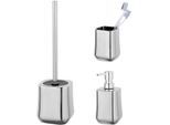 Badaccessoire-Set "»Adine«", silber (silberfarben), Edelstahl, Keramik, SCHÖNER WOHNEN-KOLLEKTION, Badaccessoires-Sets, aus Keramik, mit Zahnputzbecher, Seifenspender und WC-Garnitur