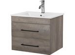 Waschtisch WELLTIME "Florenz Badschrank Badmöbel inkl. Waschbecken", grau (grau, grau wood grain), B:61cm H:50cm T:46cm, MDF, Waschtische, Waschtisch, Waschplatz mit 2 Auszügen und Softclose Breite 60cm