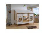 Landhausbett mit Dach, Liegefläche 90 x 200 cm, inkl. Lattenrost, Ausf. teilmassiv Kiefer, Farbe Oak/Weiß