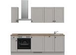 Küchenzeile NOBILIA ""Cascada I"", grau (küche: grau, korpus: lacklaminat steingraufarben, arbeitsplatte: eiche havanna nachbildung), B:240,3cm H:216,6cm T:60cm, Komplettküchen-Sets, vormontiert, Ausrichtung wählbar, Breite 240 cm, wahlw. mit E-Geräten