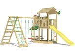 Spielturm JUNGLE GYM "Veranda", gelb, Spieltürme, KinderB:454cm H:310cm T:437cm, Holzwerkstoff, Spielanlage mit Schaukel, Kletterbock und Rutsche mit Wasseranschluss, B:454cm H:310cm T:437cm