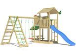 Spielturm JUNGLE GYM "Veranda", blau, Spieltürme, KinderB:454cm H:310cm T:437cm, Holzwerkstoff, Spielanlage mit Schaukel, Kletterbock und Rutsche mit Wasseranschluss, B:454cm H:310cm T:437cm