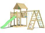 Spielturm JUNGLE GYM "Majesty", grün (hellgrün), Spieltürme, KinderB:435cm H:349cm T:452cm, Holzwerkstoff, Spielanlage mit Schaukel, Kletterbock und Rutsche mit Wasseranschluss, B:435cm H:349cm T:452cm