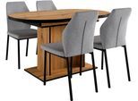 Essgruppe OTTO HOME "Basel, Tischgruppe mit 4 Stühlen, Esstisch ausziehbar 140 - 180 cm", grau (eichefarben, hellgrau), Webstoff, Auszugsplatte, Sitzmöbel-Sets, Essgruppe, BESTSELLER, Sitzgruppe, Tisch, Stühle, ovale Tischplatte, Säulentisch