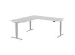 Winkelschreibtisch AERO FLEX, elektrisch höhenverstellbar, 90° Winkel, T-Fuss, B 2000 x T 2000 mm, lichtgrau/weissalu + Memorypanel