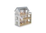 Moni Puppenhaus Ema Holz 3 Etagen Puppenfiguren 11-teiliges Möbelset Balkon weiß