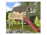 Spielturm AKUBI "Fidel", beige (naturbelassen), Spieltürme, KinderB:198cm H:329,5cm T:243cm, Holzwerkstoff, BxTxH: 198x243x329,5 cm, mit Rutsche in rot, B:198cm H:329,5cm T:243cm