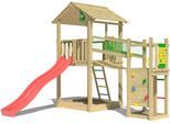 Spielturm JUNGLE GYM "Fortress", rot, Spieltürme, KinderB:373cm H:318cm T:397cm, Holzwerkstoff, Spielanlage mit 2 Türmen, Brücke und Rutsche mit Wasseranschluss, B:373cm H:318cm T:397cm