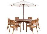 Beliani Gartenmöbel-Set 6-Sitzer Heller Holzfarbton mit Sonnenschirm Agello , Hellbraun, Beige , Gartenmöbel, Gartenmöbel-Sets