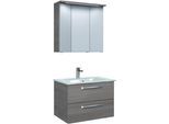 Badmöbel-Set SAPHIR "Trentino 2-teilig Glas-Waschtisch mit LED-Spiegelschrank", grau (graphit struktur quer nb), Kastenmöbel-Sets, Badmöbel-Set, Badmöbel-Set 77cm breit, inkl. Türdämpfer, 3 Türen, 2 Auszügen
