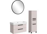 Badmöbel-Set WELLTIME "SALVADA, 3tlg-Set, gedämpfte Scharniere, Softclose, Keramikbecken", kaschmir, B:140cm H:200cm T:47,5cm, MDF, Kastenmöbel-Sets, Badmöbel-Set, Kaschmir, Keramikbecken 1 od. 2 Armaturlochbohrungen