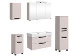 Badmöbel-Set WELLTIME "SALVADA, 5tlg-Set, gedämpfte Scharniere, Softclose, Keramikbecken", beige (kaschmir), B:180cm H:200cm T:47,5cm, MDF, Kastenmöbel-Sets, Badmöbel-Set, Kaschmir, Keramikbecken 1 od. 2 Armaturlochbohrungen