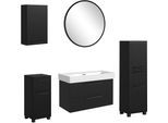 Badmöbel-Set WELLTIME "SALVADA, 5tlg-Set, gedämpfte Scharniere, Softclose, Keramikbecken", schwarz, B:180cm H:200cm T:47,5cm, MDF, Kastenmöbel-Sets, Badmöbel-Set, Schwarz, Keramikbecken 1 od. 2 Armaturlochbohrungen