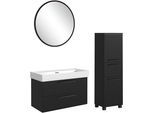 Badmöbel-Set WELLTIME "SALVADA, 3tlg-Set, gedämpfte Scharniere, Softclose, Keramikbecken", schwarz, B:140cm H:200cm T:47,5cm, MDF, Kastenmöbel-Sets, Badmöbel-Set, Schwarz, Keramikbecken 1 od. 2 Armaturlochbohrungen