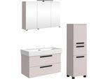 Badmöbel-Set WELLTIME "SALVADA, 3tlg-Set, gedämpfte Scharniere, Softclose, Keramikbecken", beige (kaschmir), B:140cm H:200cm T:47,5cm, MDF, Kastenmöbel-Sets, Badmöbel-Set, Kaschmir, Keramikbecken 1 od. 2 Armaturlochbohrungen