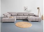 Wohnlandschaft COTTA "Orion U-Form", grau (stone), B:409cm H:73cm T:225cm, 100% Polyester, Sofas, Wohnlandschaft, mit Kopfteilverstellung & 6 Nierenkissen