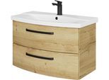 Waschtisch SAPHIR "Serie 4010 Keramik-Waschtisch mit Unterschrank, 84 cm breit", braun (halifax eiche quer nachbildung, halifax eiche quer nachbildung), B:84cm H:53,7cm T:45cm, Waschtische, Waschtisch, Waschplatz mit 2 Schubladen, Badmöbel-Set mit Waschtisch