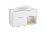 Villeroy und Boch Finion Waschtischunterschrank FA21HHGF 100cm, Abdeckplatte white matt, Regale sand matt lacquer, Glossy white lacquer