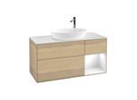 Villeroy und Boch Finion Waschtischunterschrank F951GFPC 120cm, Abdeckplatte white matt, Regale Glossy white lacquer, Oak Veneer
