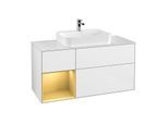 Villeroy und Boch Finion Waschtischunterschrank F411HFGF 120cm, Abdeckplatte white matt, Regal links Gold matt, Glossy white lacquer
