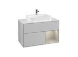 Villeroy und Boch Finion Waschtischunterschrank F371HHGJ 100cm, Abdeckplatte white matt, Regal rechts Sand Matt, Light grey matt