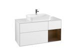 Villeroy und Boch Finion Waschtischunterschrank G421GNGF 120cm, Abdeckplatte white matt, Emotion, Regal rechts Walnut veneer, Glossy white lacquer