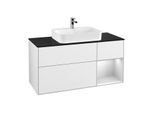 Villeroy und Boch Finion Waschtischunterschrank G422MTGF 120cm, Abdeckplatte black matt, Emotion, Regal rechts White matt, Glossy white lacquer