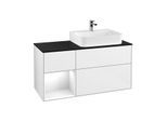 Villeroy und Boch Finion Waschtischunterschrank F142GFGF 120cm, Abdeckplatte Glass Black Matt, Regal links Glossy white lacquer, Glossy white lacquer