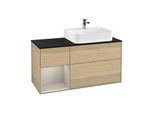 Villeroy und Boch Finion Waschtischunterschrank F142HHPC 120cm, Abdeckplatte Glass Black Matt, Regal links Sand Matt Lacquer, Oak Veneer