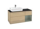 Villeroy und Boch Finion Waschtischunterschrank F152GMPC 120cm, Abdeckplatte black matt, Regal rechts Olive Matt Lacquer, Oak Veneer