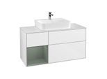 Villeroy und Boch Finion Waschtischunterschrank F161GMGF 120cm, Abdeckplatte white matt, Regal links Olive Matt Lacquer, Glossy white lacquer