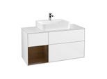 Villeroy und Boch Finion Waschtischunterschrank F161GNGF 120cm, Abdeckplatte white matt, Regal links Walnut veneer, Glossy white lacquer
