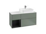 Villeroy und Boch Finion Waschtischunterschrank F141PDGM 120cm, Abdeckplatte glass white Matt, Regal links Black matt lacquer, Olive Matt Lacquer