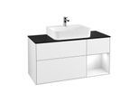 Villeroy und Boch Finion Waschtischunterschrank F172GFGF 120cm, Abdeckplatte black matt, Regal rechts Glossy white lacquer, Glossy white lacquer