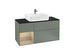 Villeroy und Boch Finion Waschtischunterschrank F162PCGM 120cm, Abdeckplatte black matt, Regal links Oak Veneer, Olive Matt Lacquer