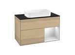 Villeroy und Boch Finion Waschtischunterschrank G252MTPC 100cm, Abdeckplatte black matt, Emotion, Regal rechts White matt lacquer, Oak Veneer