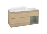 Villeroy und Boch Finion Waschtischunterschrank G281GMPC 120cm, Abdeckplatte white matt, Emotion, Regal rechts Olive Matt Lacquer, Oak Veneer