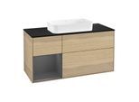 Villeroy und Boch Finion Waschtischunterschrank F292GKPC 120cm, Abdeckplatte black matt, Regal links Anthracite matt, Oak Veneer