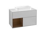 Villeroy und Boch Finion Waschtischunterschrank G241GNGJ 100cm, Abdeckplatte white matt, Emotion, Regal links Walnut veneer, Light grey matt