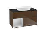 Villeroy und Boch Finion Waschtischunterschrank GA12GJGN 100cm, Abdeckplatte black matt, Emotion, Regale Light grey matt lacquer, Walnut veneer