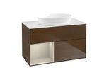 Villeroy und Boch Finion Waschtischunterschrank GA11HHGN 100cm, Abdeckplatte white matt, Emotion, Regale sand matt lacquer, Walnut veneer